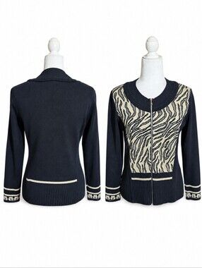 Skovhuus Zip Cardigan Fine Gauge Knit Black/ Cream Pattern Old Money Chic Sz S
